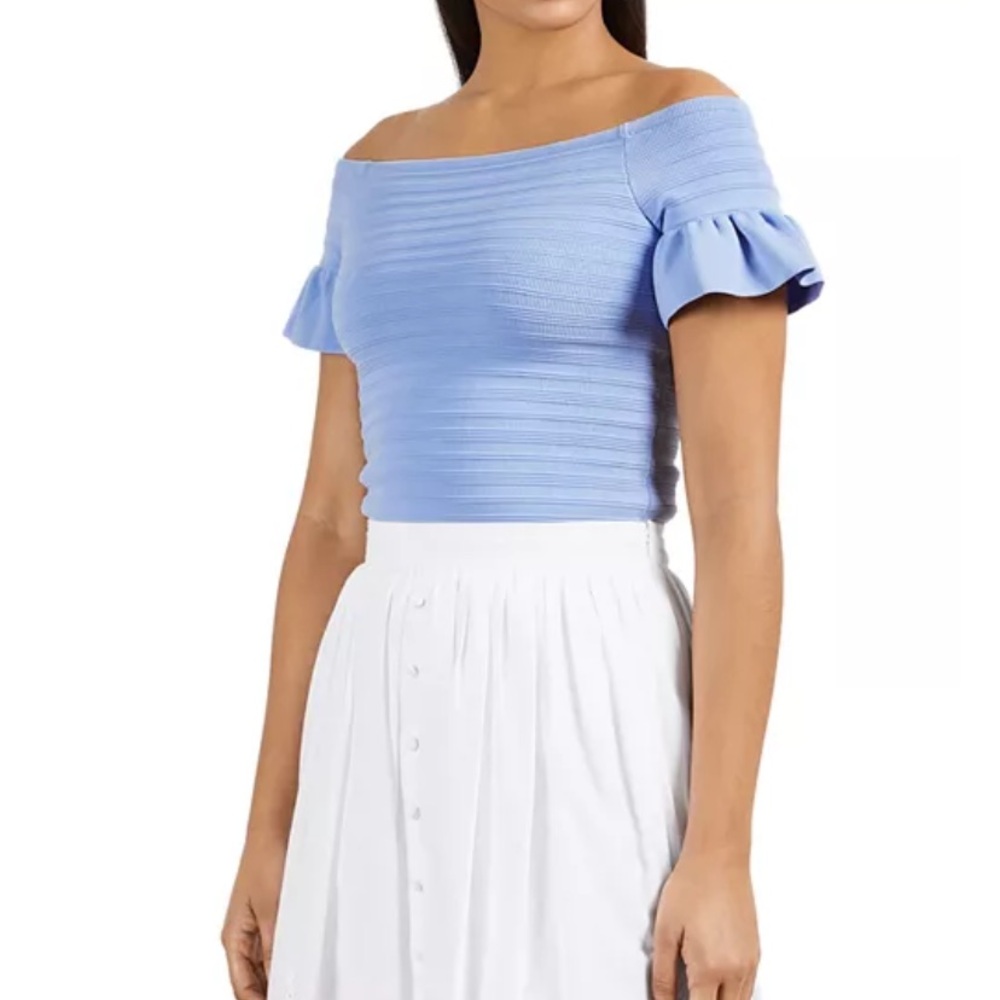Ted Baker Misteey Bardot Light Blue Off-Shoulder Knitted Frill Top